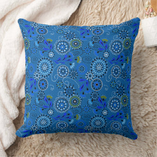 Bright blue traditional ethnic folklore pattern cushion