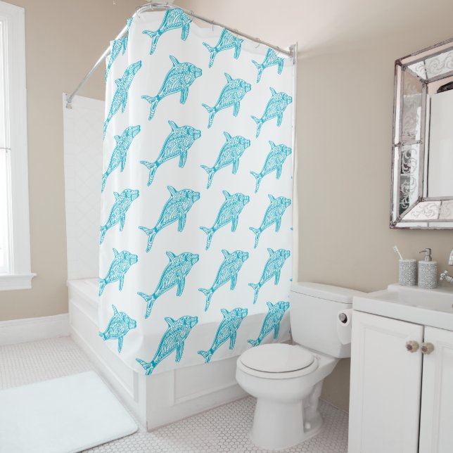 Bright Blue Tribal Pattern Dolphin Art Shower Curtain (In Situ)