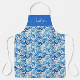 Bright Blue Tropical Watercolor Pattern Apron
