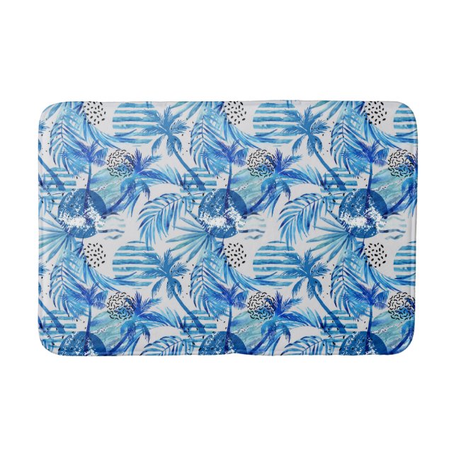 Bright Blue Tropical Watercolor Pattern Bath Mat (Front)