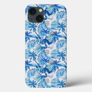 Bright Blue Tropical Watercolor Pattern iPhone 13 Case