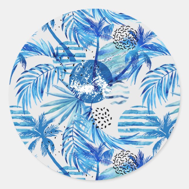 Bright Blue Tropical Watercolor Pattern Classic Round Sticker (Front)