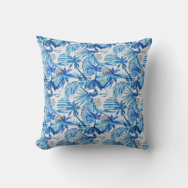 Bright Blue Tropical Watercolor Pattern Cushion (Front)
