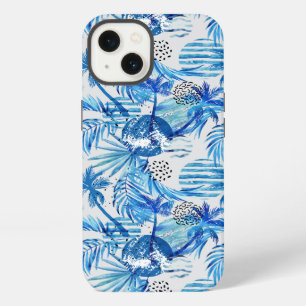 Bright Blue Tropical Watercolor Pattern iPhone 13 Case