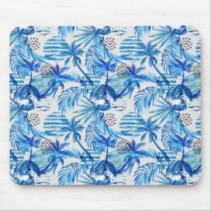 Bright Blue Tropical Watercolor Pattern Mouse Pad