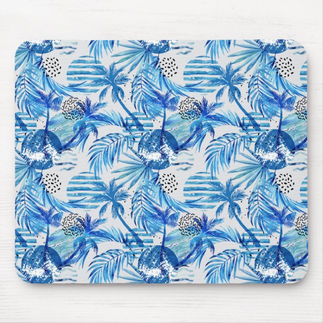 Bright Blue Tropical Watercolor Pattern Mouse Pad (Front)