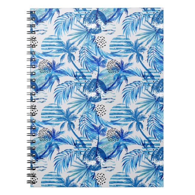 Bright Blue Tropical Watercolor Pattern Spiral Notebook (Front)