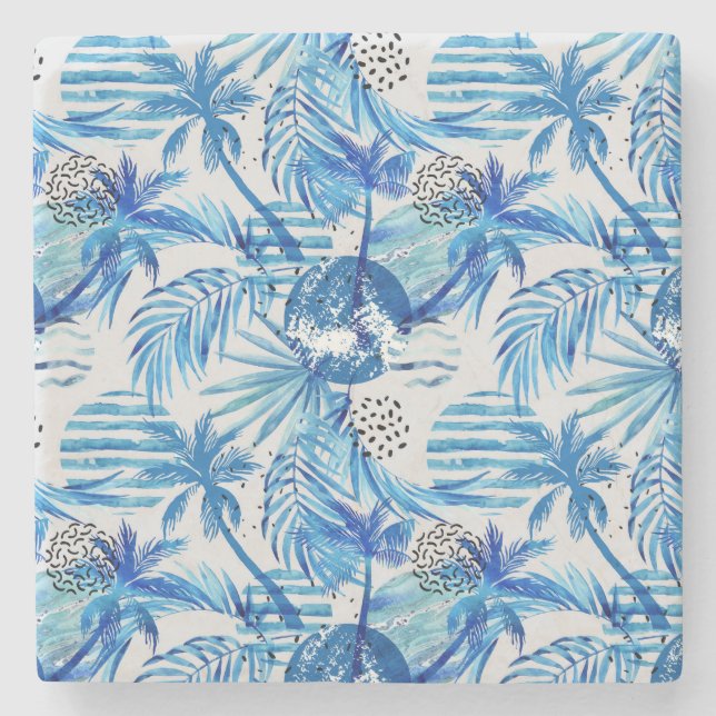 Bright Blue Tropical Watercolor Pattern Stone Coaster (Front)