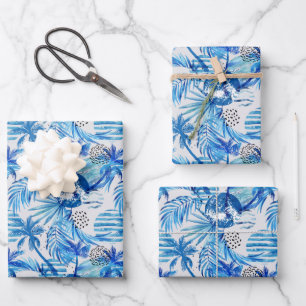 Bright Blue Tropical Watercolor Pattern Wrapping Paper Sheet