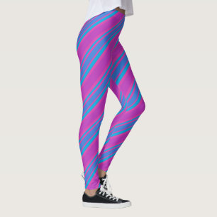 Bright Blue Turquoise and Magenta Diagonal Stripes Leggings