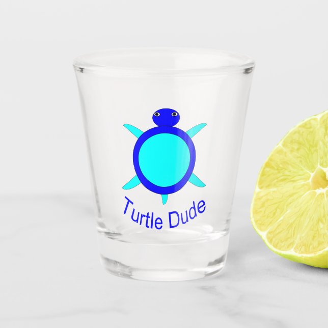 Bright Blue Turtle Dude Shot Glass (Front)