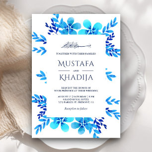 Bright Blue Watercolor Floral Islamic Wedding Invitation