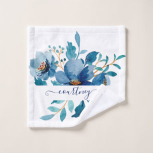 Bright blue watercolor floral personalised   bath towel set