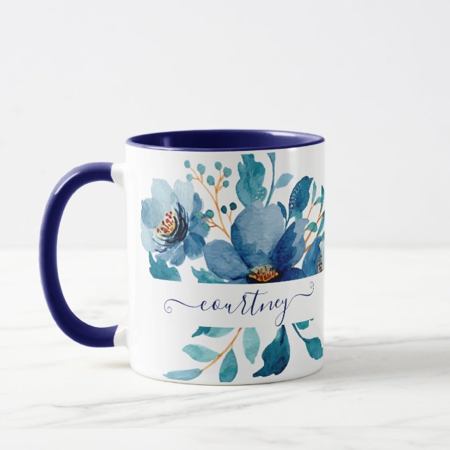 Bright blue watercolor floral personalised mug (Left)