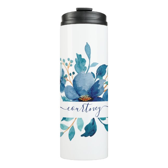 Bright blue watercolor floral personalised   thermal tumbler (Front)
