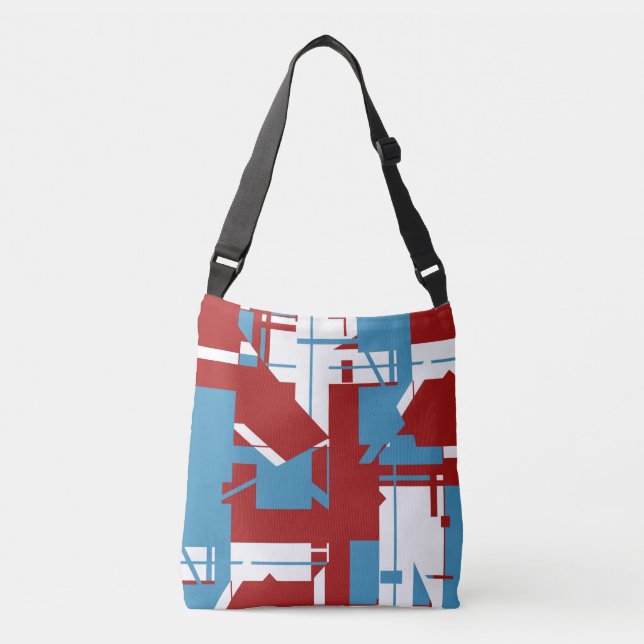 Bright Blue White on Dark Red Geometric Motif Crossbody Bag (Front)