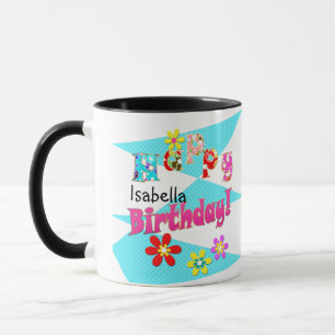 Bright blue white pink kids fun flowers cartoon bi mug