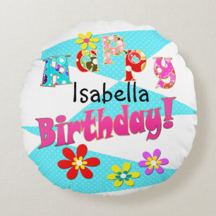 Bright blue white pink kids fun flowers cartoon bi round cushion