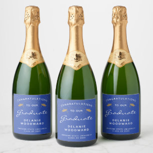 Bright Blue White Script Gold Cap Graduation Sparkling Wine Label