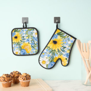 BRIGHT BLUE WHITE YELLOW SPRING FLOWERS OVEN MITT & POT HOLDER SET