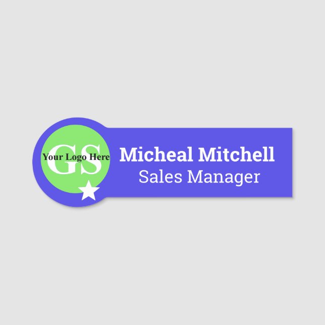 Bright Blue with Logo Business Employee Name Tag (Front)