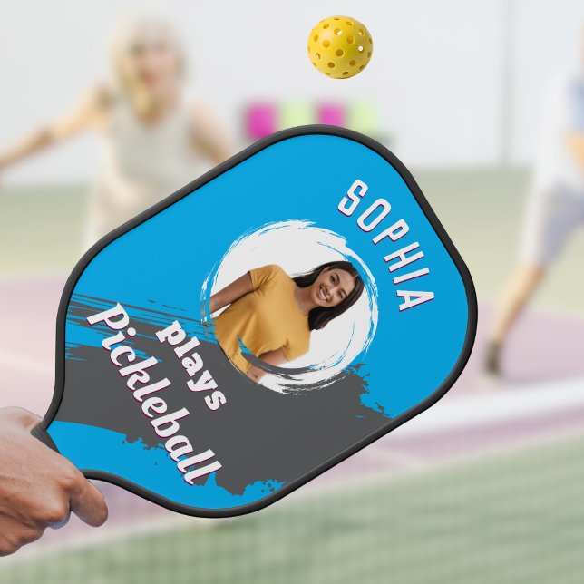 Bright Blue with Photo and Name Personalised Pickleball Paddle (A blue pickleball paddle with custom photo and name on both sides)