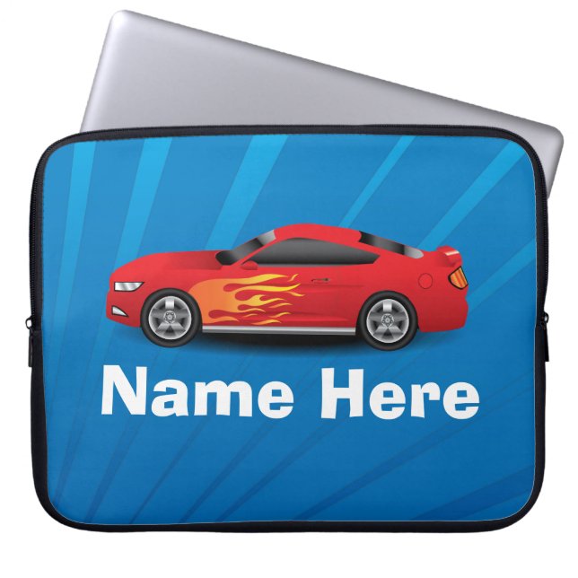 Bright Blue with Red Sports Car Flames Kids Boys Laptop Sleeve (Front)