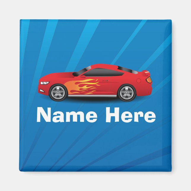 Bright Blue with Red Sports Car Flames Kids Boys Magnet (Front)