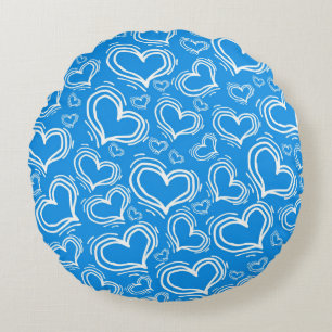 BRIGHT BLUE WITH WHITE HEARTS AND FLOWERS ROUND CUSHION