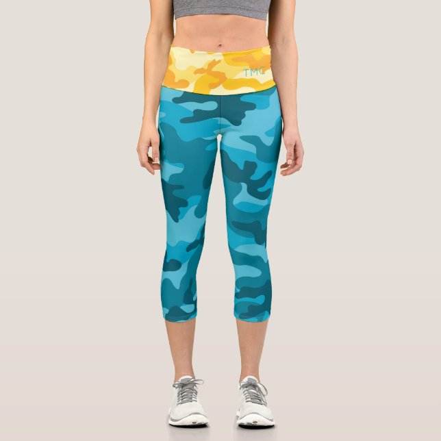 Bright Blue Yellow Camo Designer Initials Capri Leggings (Front)