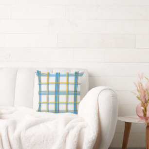 Bright Blue Yellow Plaid Aesthetic Cushion