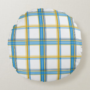 Bright Blue Yellow Plaid Aesthetic Round Cushion