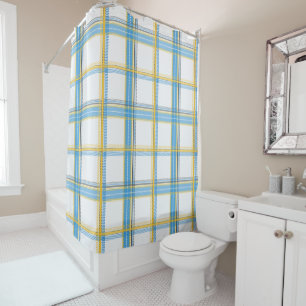 Bright Blue Yellow Plaid Aesthetic Shower Curtain