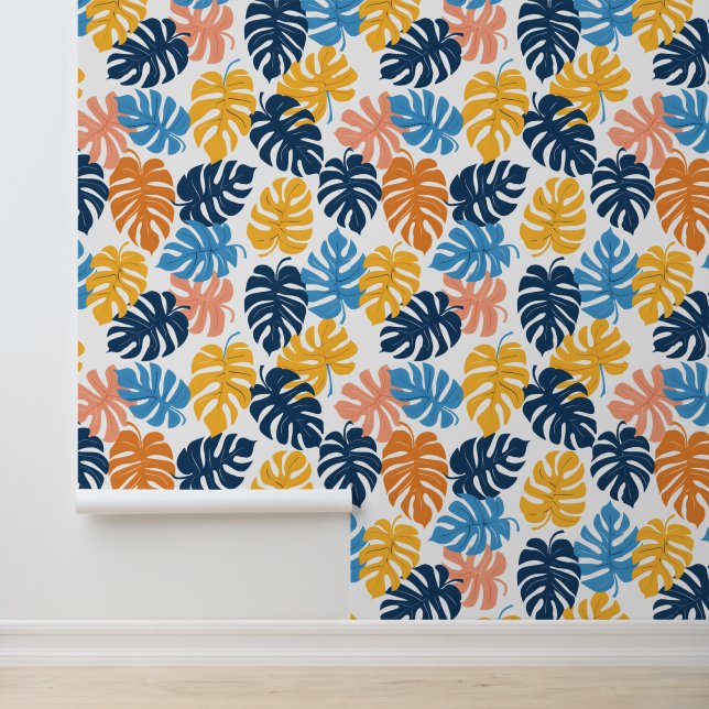 Bright Blue Yellow Summer Tropical Monstera Wallpaper (Application)