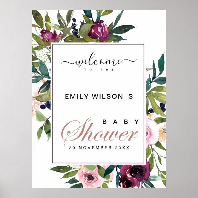 BRIGHT BLUSH BURGUNDY FLORAL BABY SHOWER WELCOME POSTER (Front)