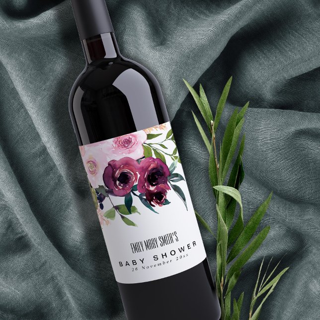 BRIGHT BLUSH BURGUNDY FLORAL BUNCH BABY SHOWER WINE LABEL (Creator Uploaded)