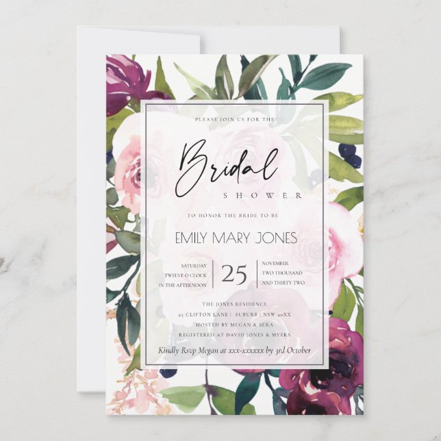 BRIGHT BLUSH BURGUNDY FLORAL BUNCH BRIDAL SHOWER INVITATION (Front)
