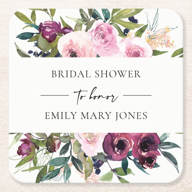 BRIGHT BLUSH BURGUNDY FLORAL BUNCH BRIDAL SHOWER SQUARE PAPER COASTER (Front)