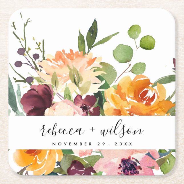 BRIGHT BLUSH YELLOW ORANGE FLORAL BUNCH WEDDING SQUARE PAPER COASTER (Front)