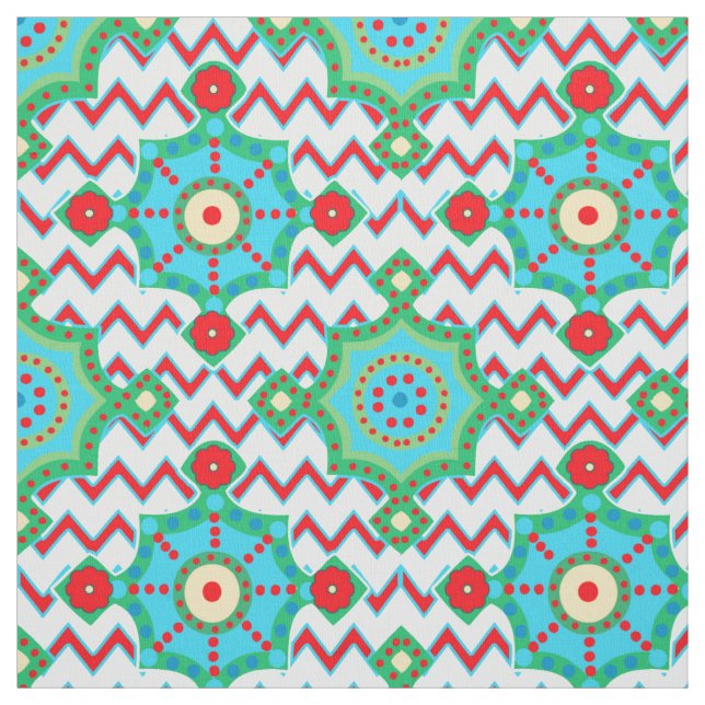 Bright Boho | Aqua and Red Chevron Fabric (Swatch)