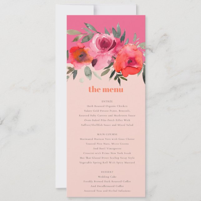 Bright Boho Hot Pink Floral Wedding Menu Card (Front)