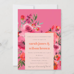Bright Boho Hot Pink Watercolor Floral Engagement Invitation