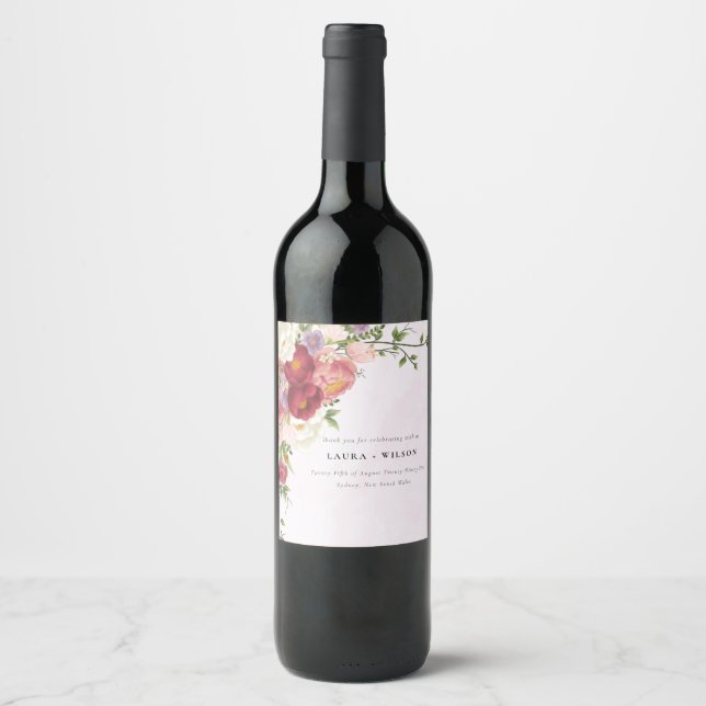 Bright Boho Red Pink white Flowers Wedding Wine Label (Front)