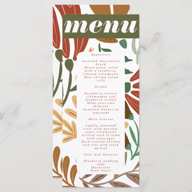 Bright Boho Terracotta Abstract Floral Wedding Menu (Front/Back)