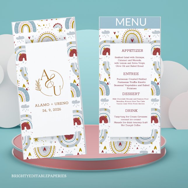 Bright Boho Terracotta Rainbows Wedding Menu (Savor the flavors of love with our Menu and add a touch of bohemian charm to your special day!)