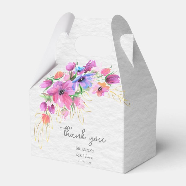 Bright Boho Watercolor Flowers and Golden Greenery Favour Box (Front Side)