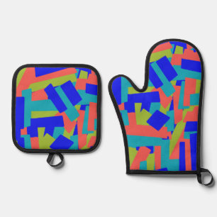 Bright Bold Blue Green Coral Abstract Patches Oven Mitt & Pot Holder Set