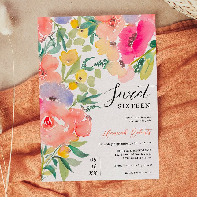 Bright bold boho garden floral Sweet 16 Invitation (Bright bold boho garden floral Sweet 16 Invitation)