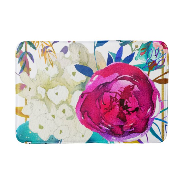 Bright Bold Colourful Floral Modern Botanical Bath Mat (Front)