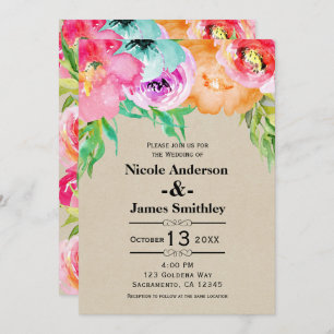 Bright Bold Colourful Floral Rustic Modern Kraft Invitation